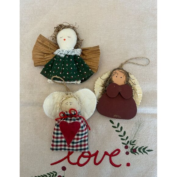Set Of 3 Handmade Angel Christmas Ornaments Rustic Wood Fabric Straw Holiday - Picture 1 of 3